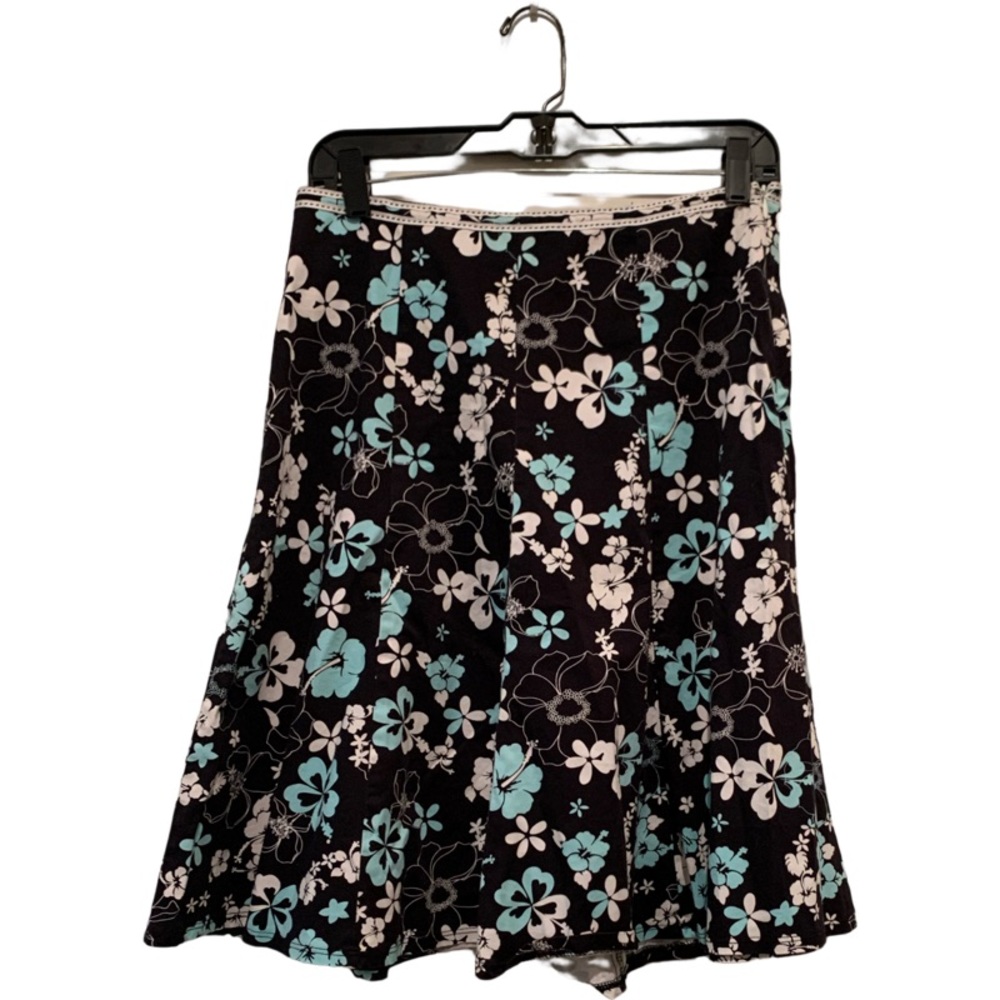 Lily midi circle skirt, black white and blue floral - EUC